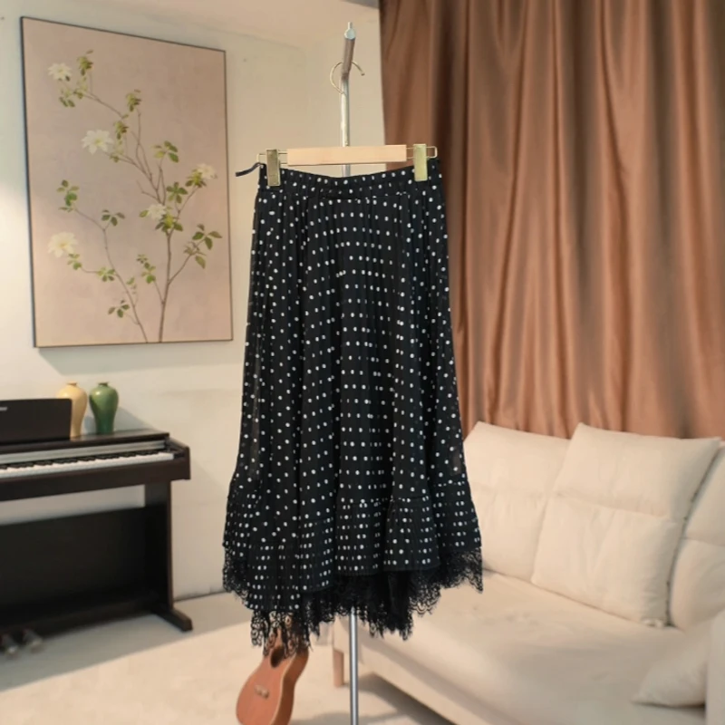 G480 半身裙女松紧高腰睫毛蕾丝下摆波点百褶裙 303C71-1