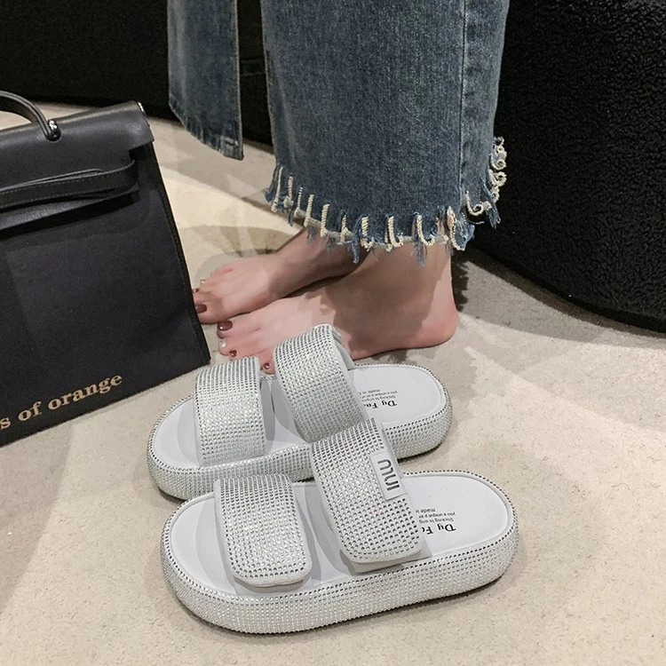 水钻面包拖鞋女外穿2025夏季新款松糕底魔术贴休闲软底凉拖鞋