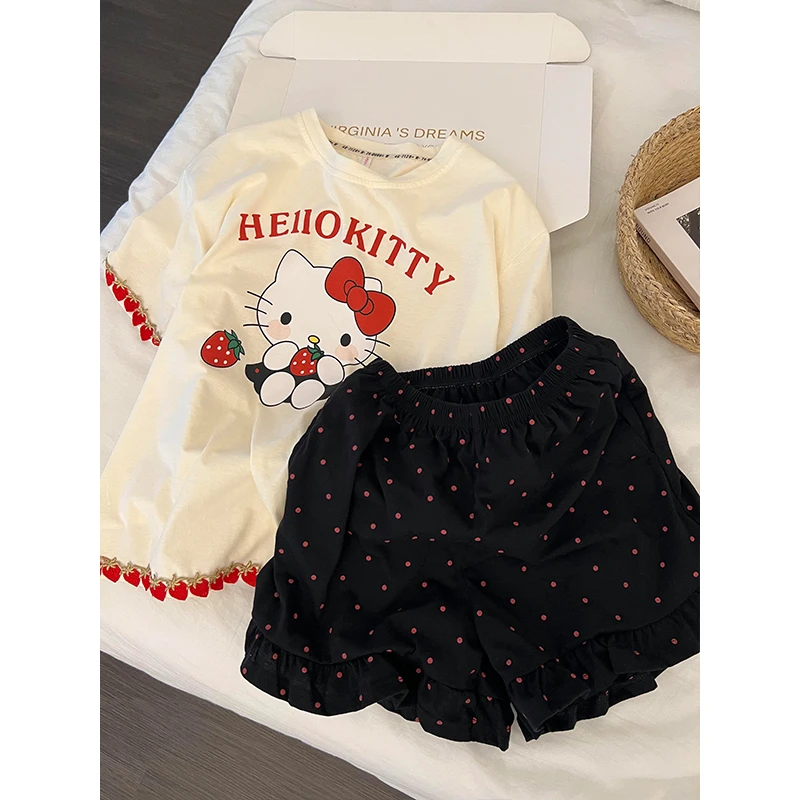 韩系可爱草莓花边Kitty短袖睡衣女新款短袖短裤可外穿家居服套装