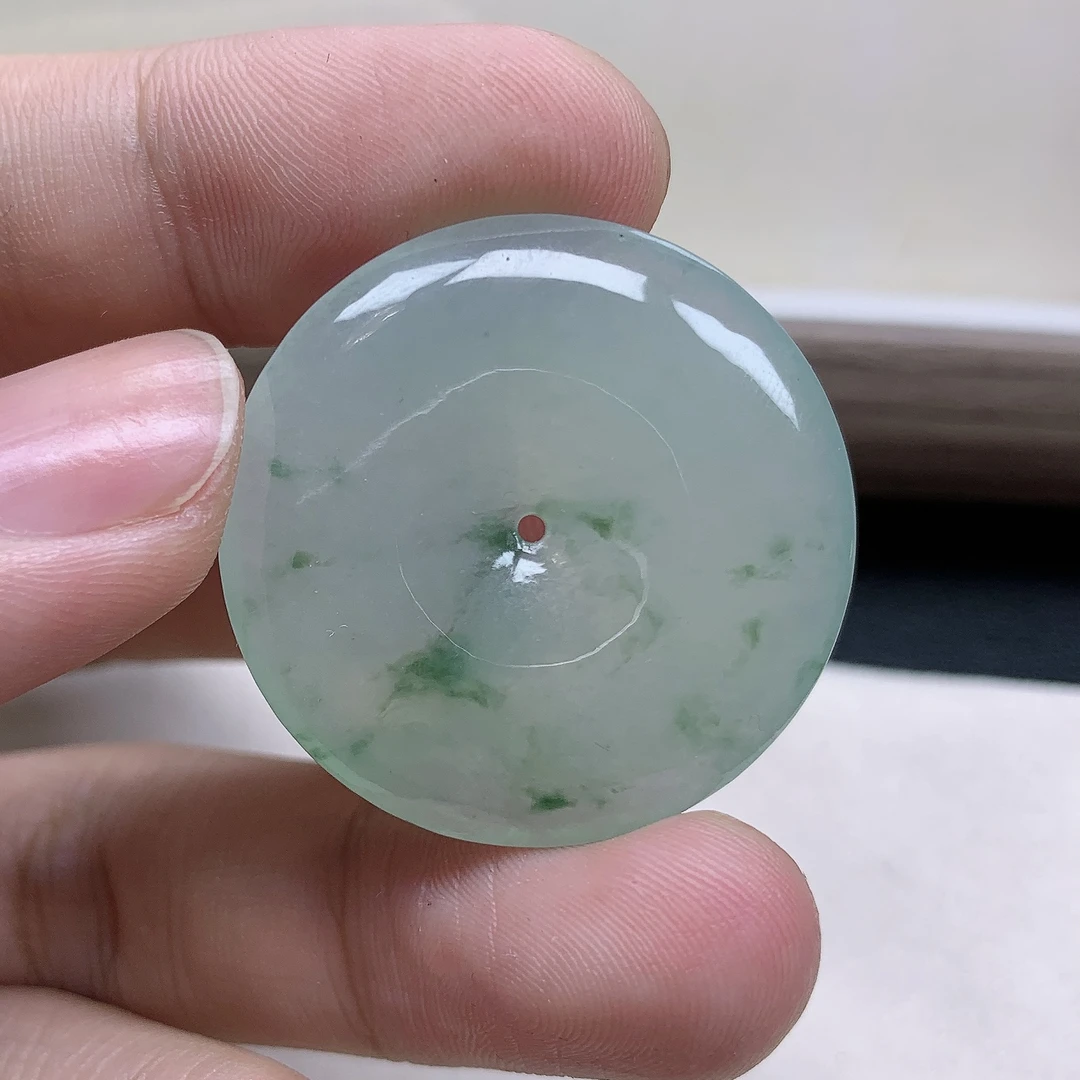 冰润晴底飘绿平安扣缅甸天然翡翠玉坠 花色艳丽 尺寸31.6-5.5mm