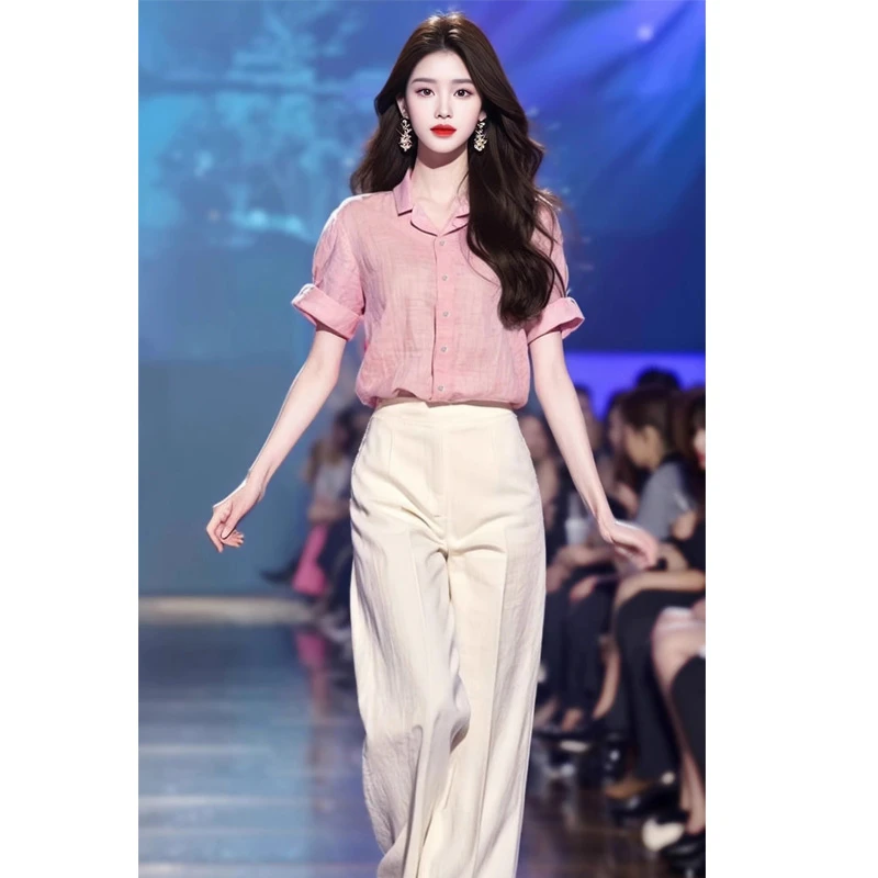 可盐可甜气质名媛欧货减龄巨显瘦遮肉职业通勤衬衫两件套装女夏季