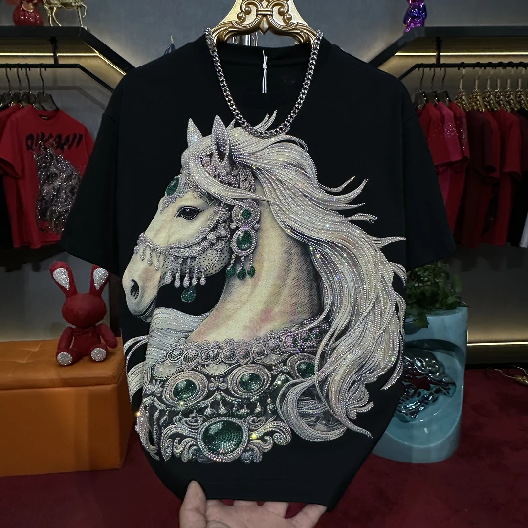 马年新款烫钻男士高品质重工短袖男款圆领百搭T恤