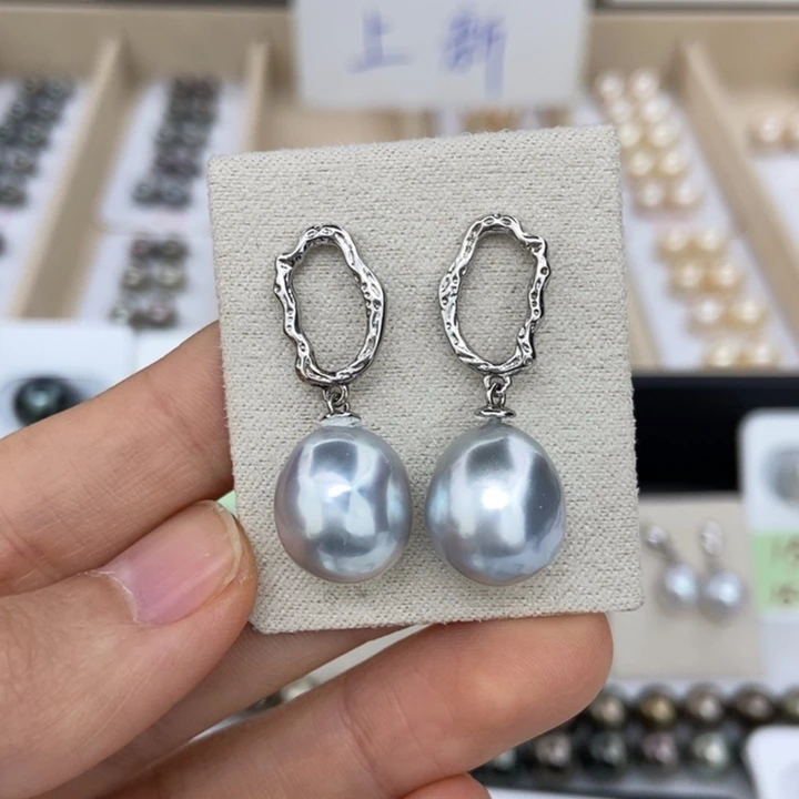 耳饰海水珍珠银S925镶嵌澳白蓝血耳钉11-12