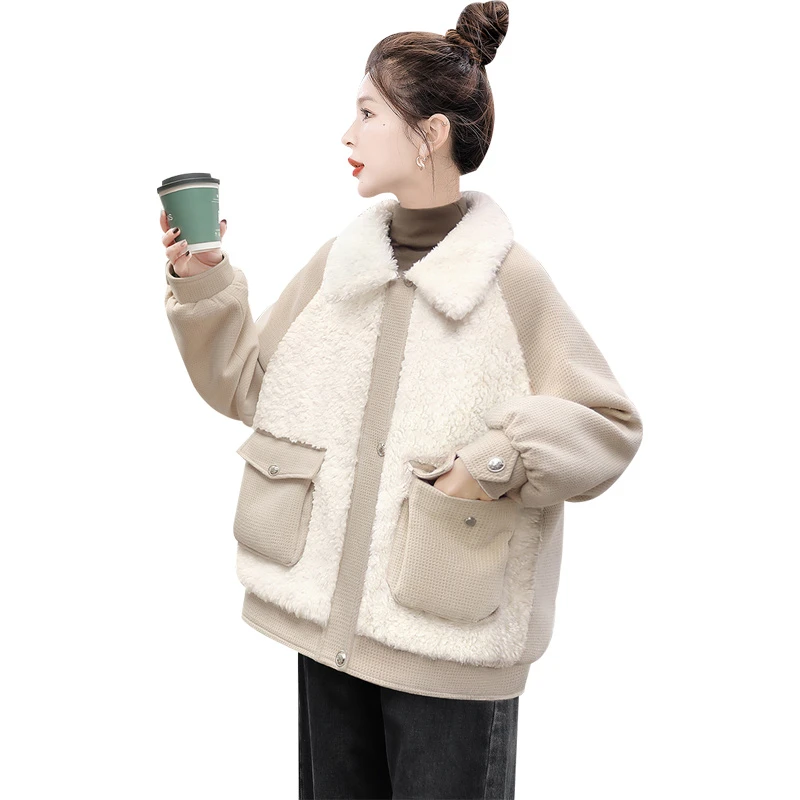丝柏舍2025冬装新款女装拼接毛绒翻领宽松休闲长袖外套S44B9241A