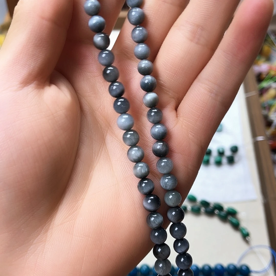 玛瑙/玉髓未镶嵌珠宝半成品卡6鹰眼石圆珠一条