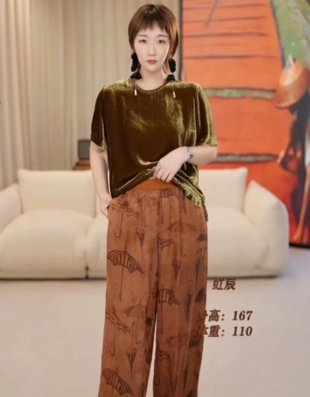 【虹辰】高端时尚桑蚕丝绒优雅舒服圆领百搭高级感真丝绒短袖-HC303