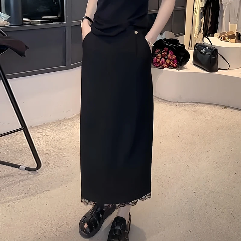 蕾丝下摆气质半身裙女春款2025新款a字高腰显瘦百搭包臀长裙子