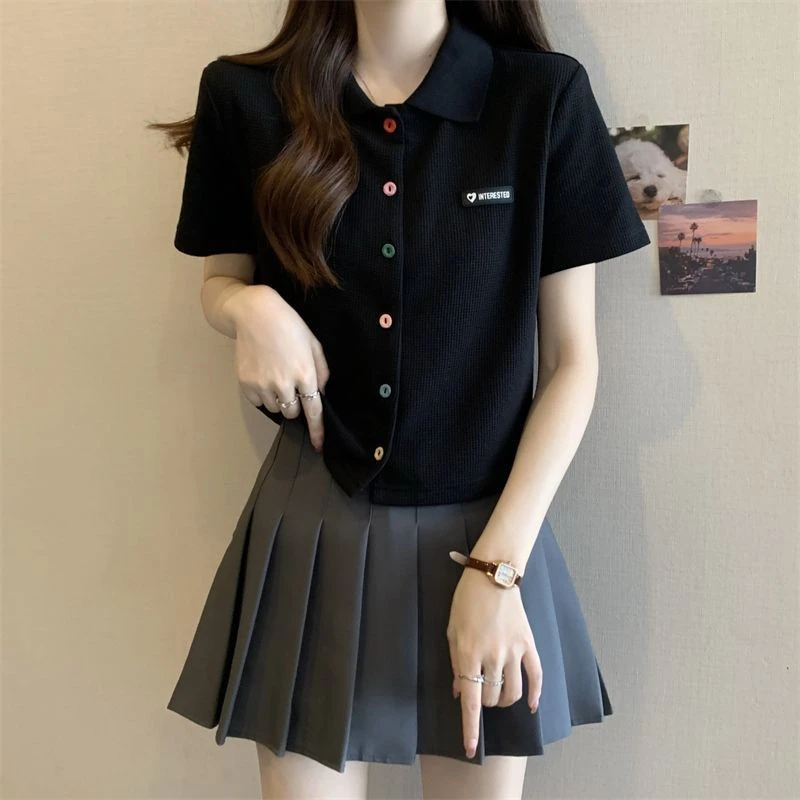 大码华夫格polo衫纽扣短袖t恤女夏新款小个子设计感显瘦短款上衣