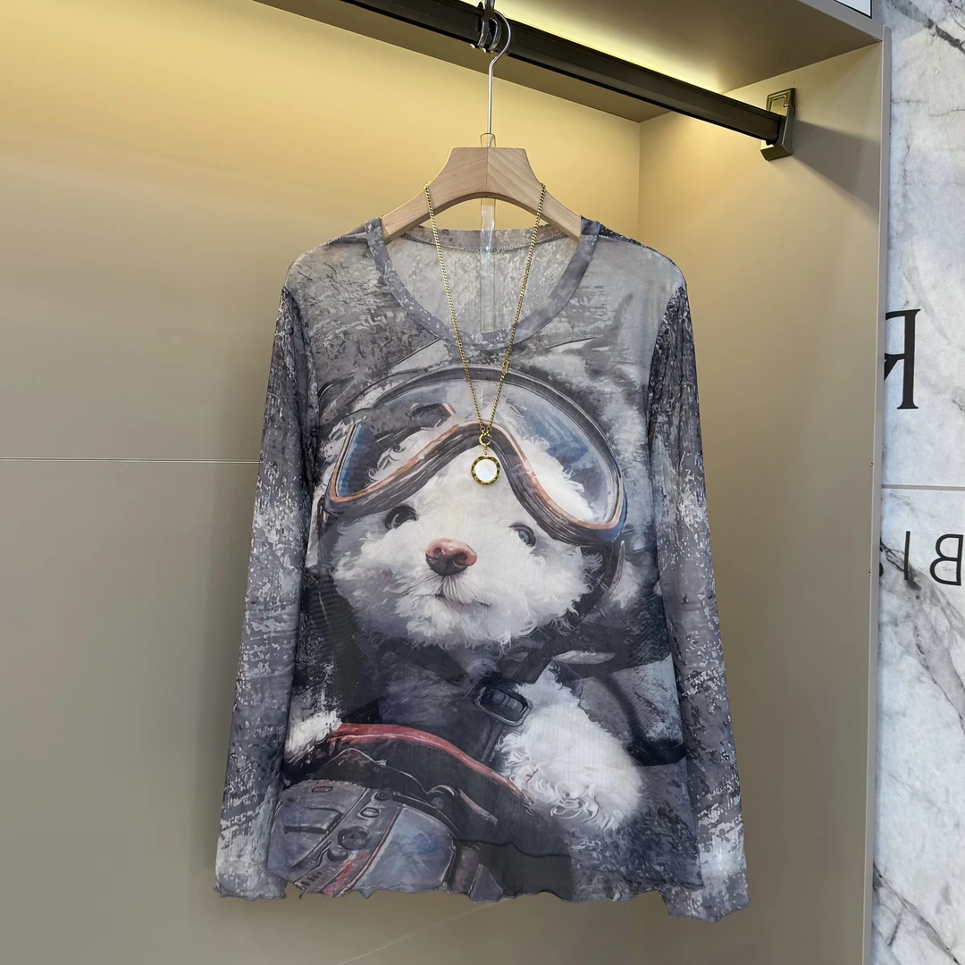 2025秋高级感精致时尚洋气可爱扎染印花圆领胖mm大码减龄上衣8609