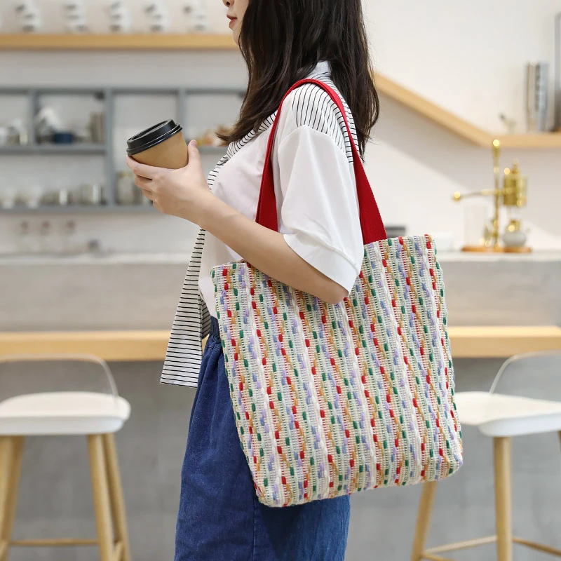 日系百搭撞色帆布托特包ins超火棉线编织包学生上课单肩手提布袋