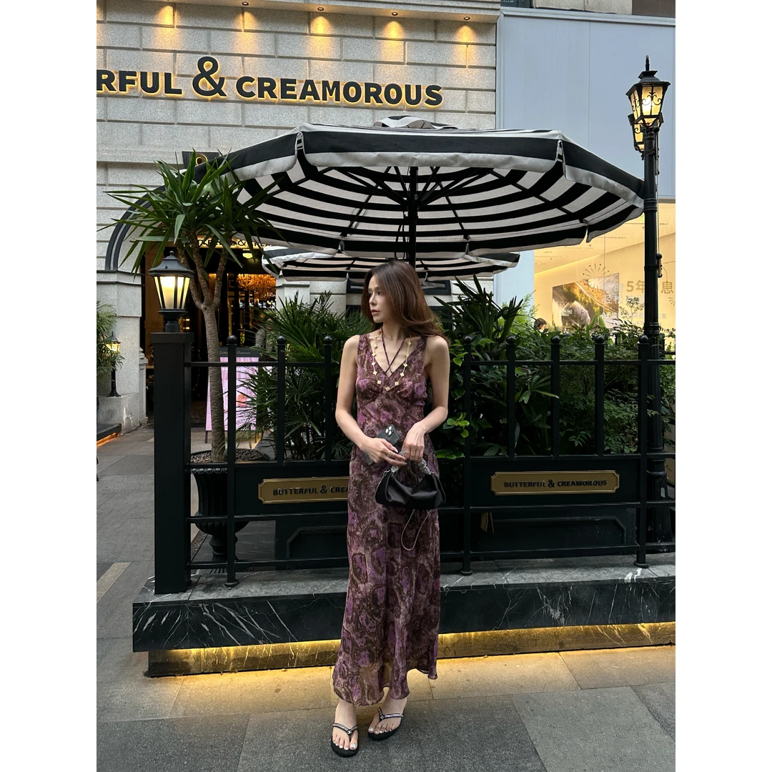 【YANG】夏季新款高端精致气质紫色人丝印花连衣裙长裙YY-479