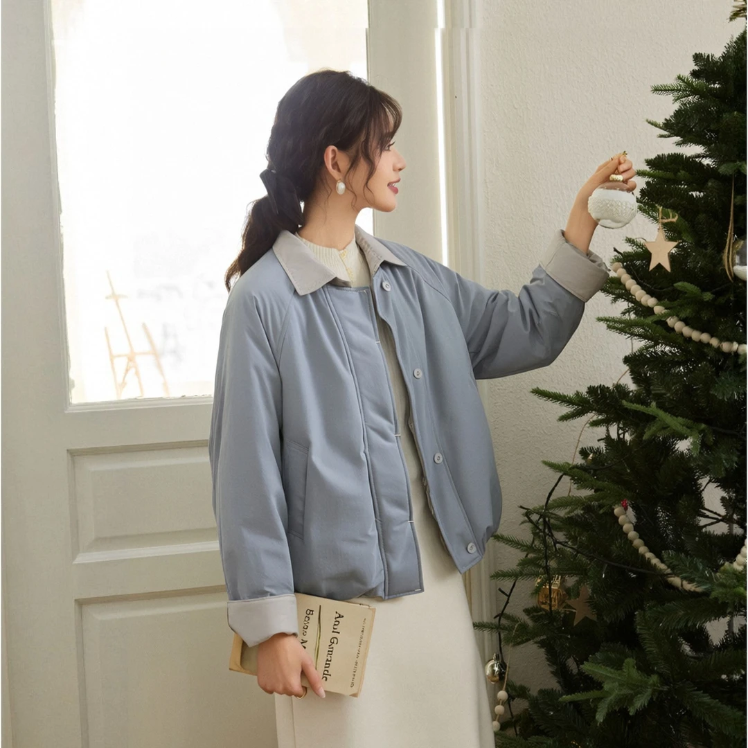 慕兔法式简约百搭拼接长袖短外套女2025冬季新款小众加绒加厚上衣