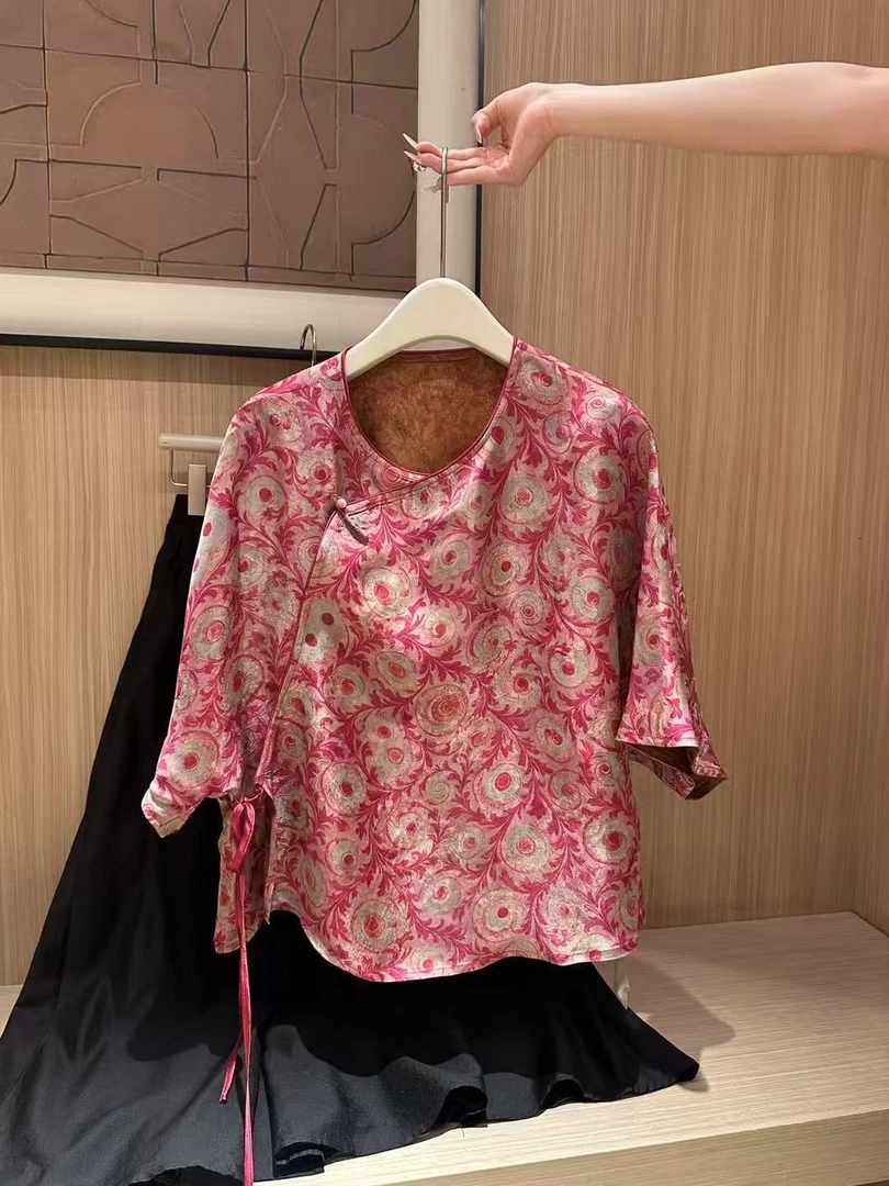 新中式国风中袖常规款提花中长款上衣复古圆领气质小衫显瘦
