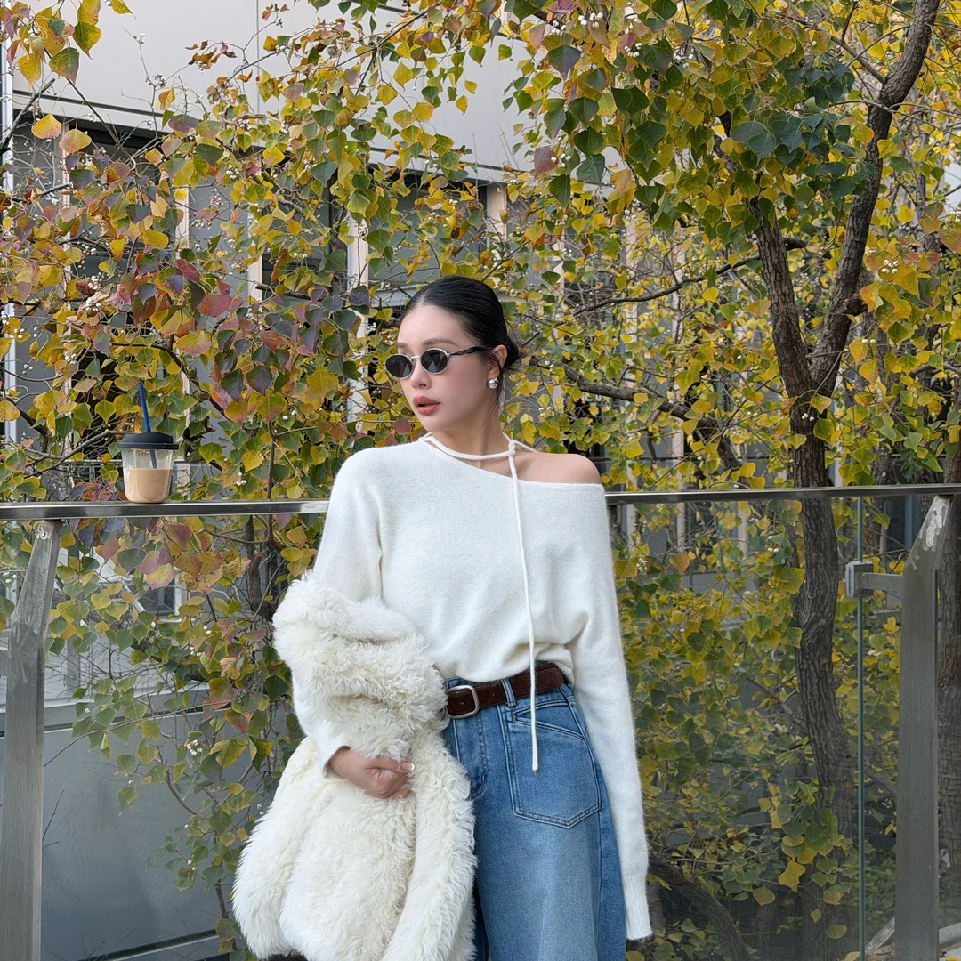 耶耶YEYE|”极度慵懒“羊毛混纺一字领系带针织个性毛衣