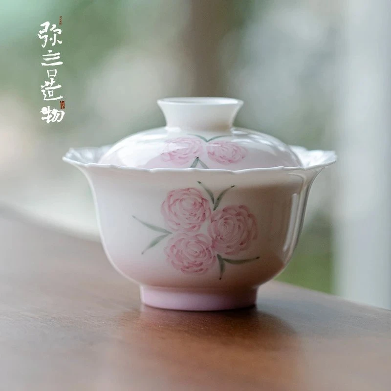手绘紫韵玫瑰盖碗白瓷茶杯不烫手泡茶碗家用功夫茶具手工薄胎茶碗