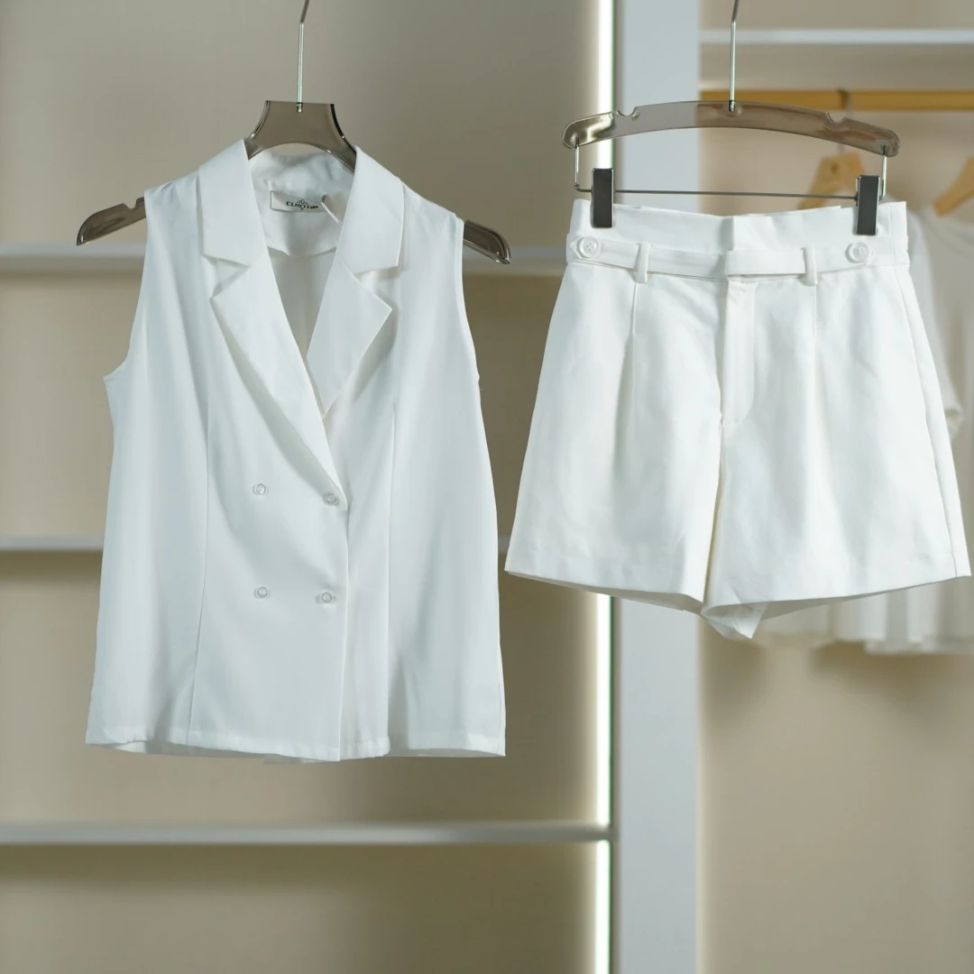 莉推荐【深圳原创】S603 女装夏西装马甲直筒短裤两件套套装白色B