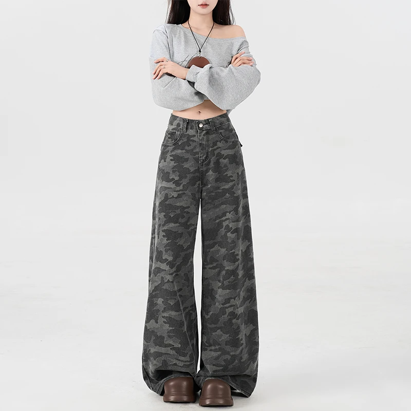美式高街迷彩阔腿女2025年灰色高腰宽松夏季显瘦工装拖地牛仔裤子