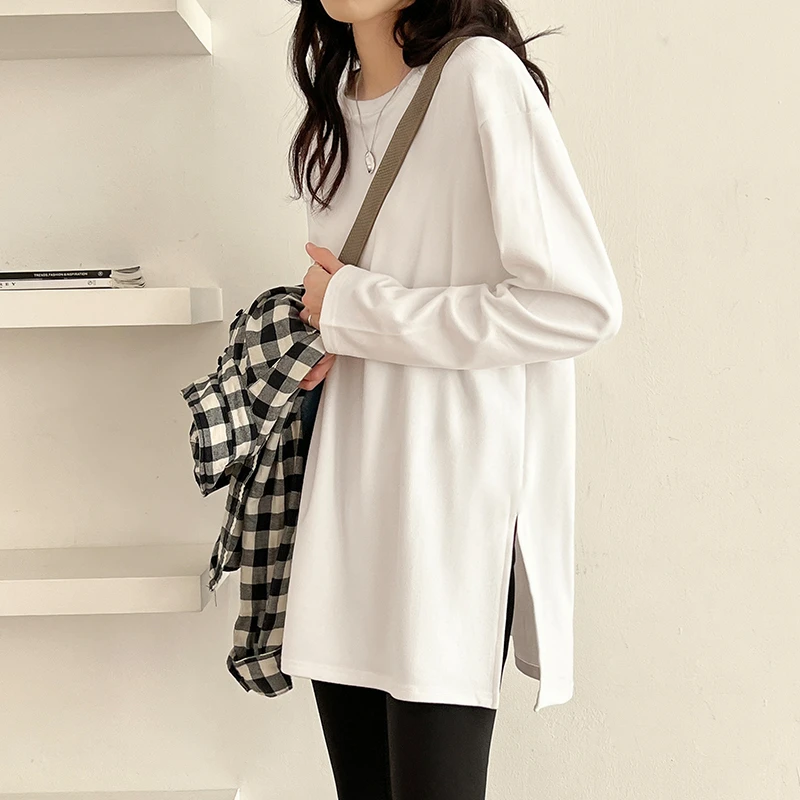 德绒打底衫女冬季穿搭设计感开叉T恤长袖中长款遮屁遮肚保暖上衣