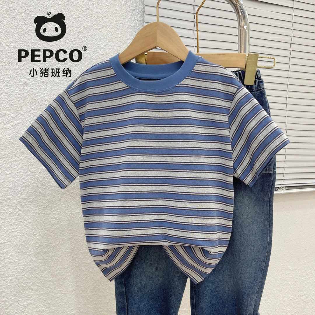 PEPCO/小猪班纳2025儿童服装夏季休息条纹宽松短袖男童上衣T恤潮