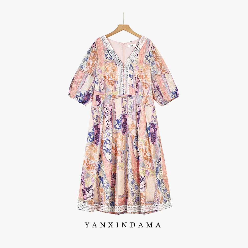 大码女装300斤胖MM夏季新款v领收腰民族风印花连衣裙10010