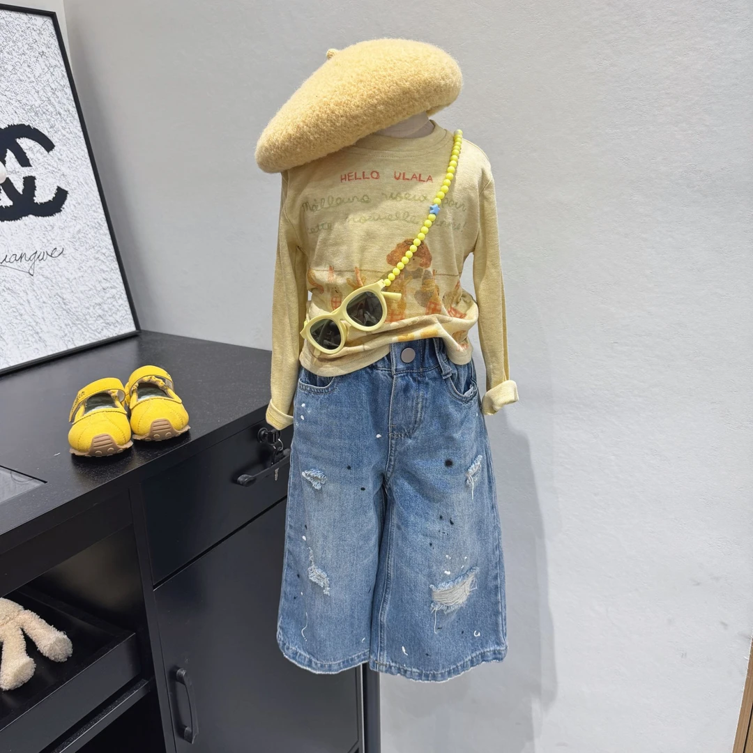 现货~女童秋季韩版长袖字母T洋气破洞女宝早秋套装Q5-118/Q5-119