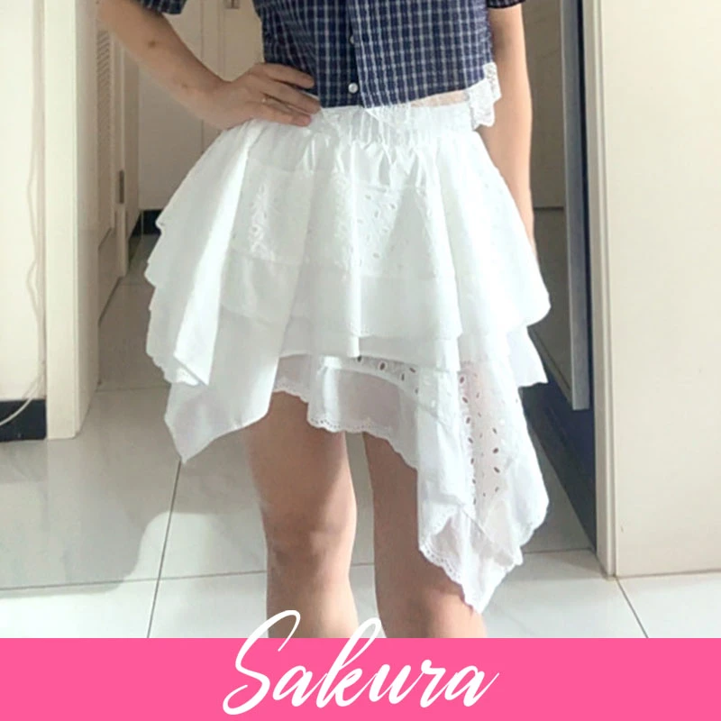 不规则设计感白色蛋糕半身裙女春季甜美减龄刺绣镂空系带蓬蓬短裙