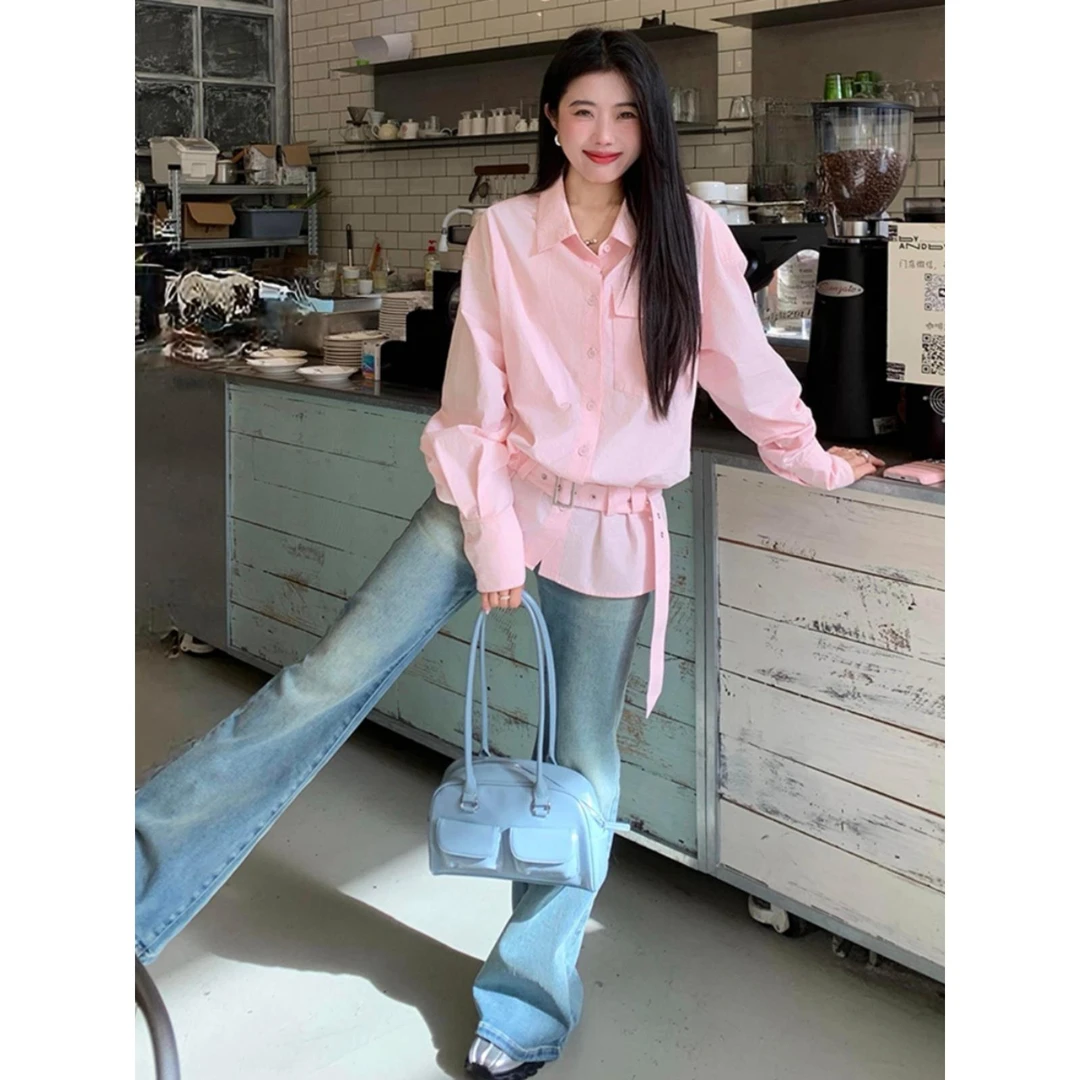 VOCKOO官方粉色温柔宽松女式长袖衬衫，高端、亲民、奢华、减龄、