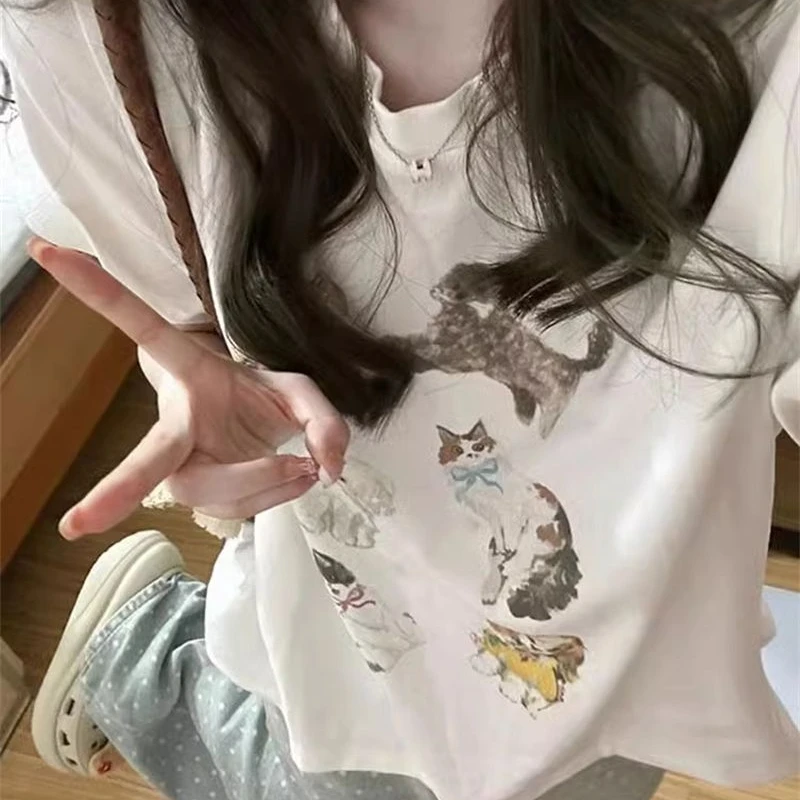 白色正肩短袖t恤女夏季宽松慵懒风纯棉设计感小众短款半袖上衣潮