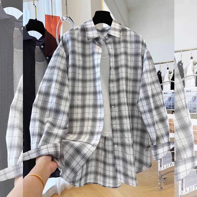 百搭设计格纹韩版新款春秋个性宽松大码衬衫女长袖防晒罩衣高级感