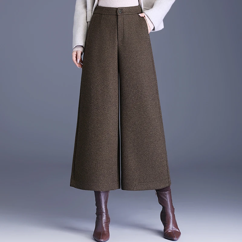 羊毛呢裙裤女秋冬2025新款加厚保暖冬裤裙八分裤高腰宽松阔腿裤