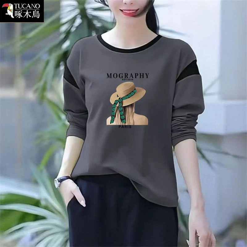 啄木鸟纯棉圆领春秋内搭长袖T恤女减龄显瘦新款印花插色设计上衣