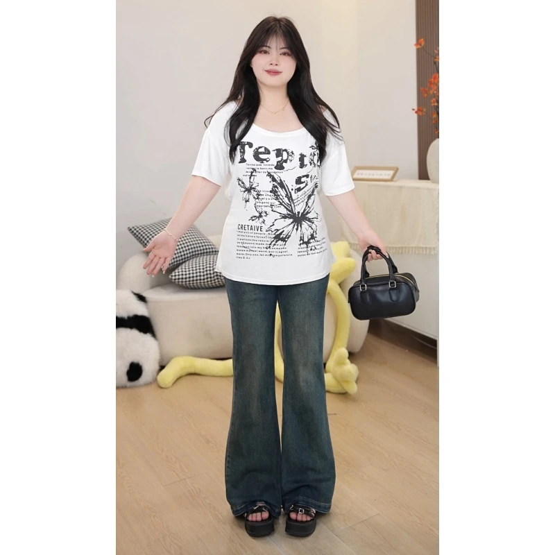 【秋季上新】秋季显瘦穿搭高腰微喇裤脚口三折叠牛仔裤胖mm显瘦