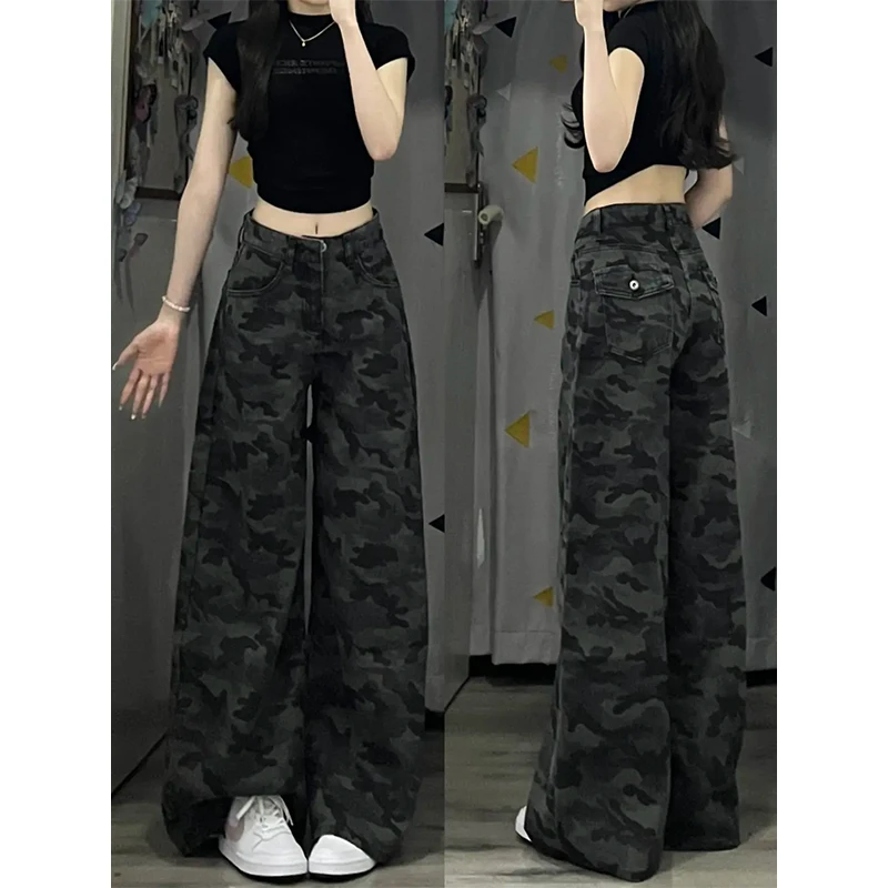 美式迷彩阔腿牛仔裤女夏季2025新款低腰宽松显瘦垂感直筒拖地裤子
