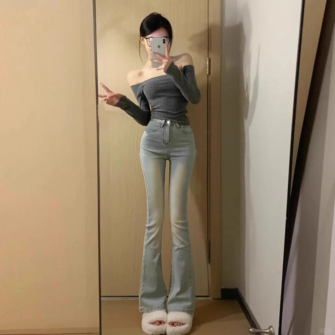 雪千羽小个子高腰微喇牛仔裤女2025春新款修身美式辣妹马蹄喇叭裤