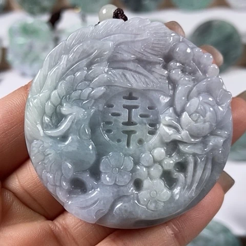 翡翠颈饰未镶嵌山水花开富贵双喜临门两面工