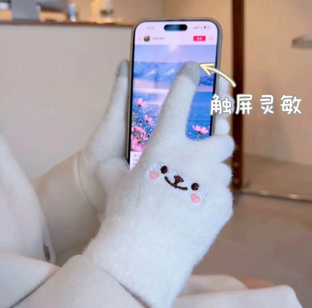 笑脸手套女冬季加绒加厚学生防寒保暖手套骑车女士分指触屏刺绣