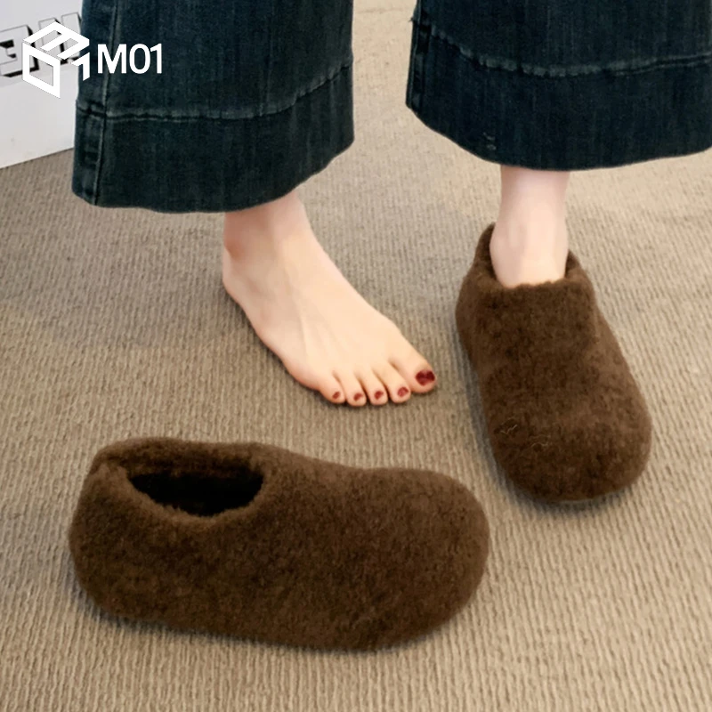 M01厚底毛毛鞋女秋冬新款雪地靴加绒豆豆鞋保暖一脚蹬孕妇棉鞋子