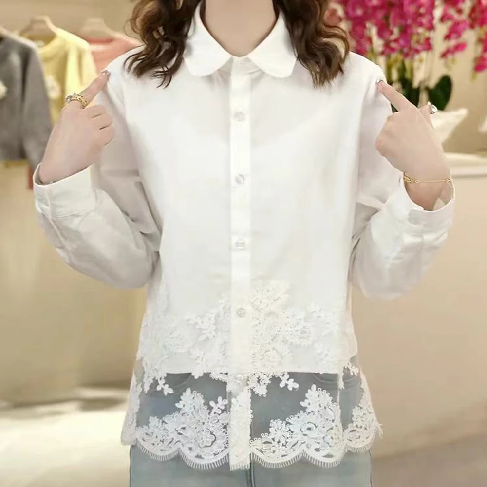 春款薄款下摆镂空拼接蕾丝勾花白色衬衫女2025春季衬衣长袖上衣