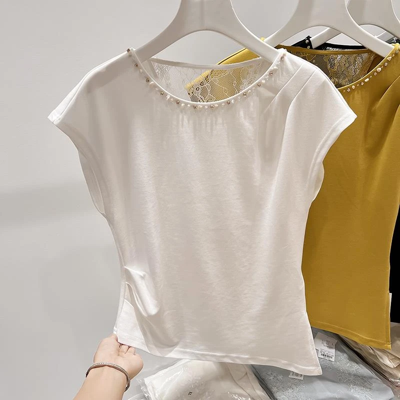 轻奢圆领钉珠后背蕾丝拼接短袖T恤女士夏季薄款修身显瘦上衣