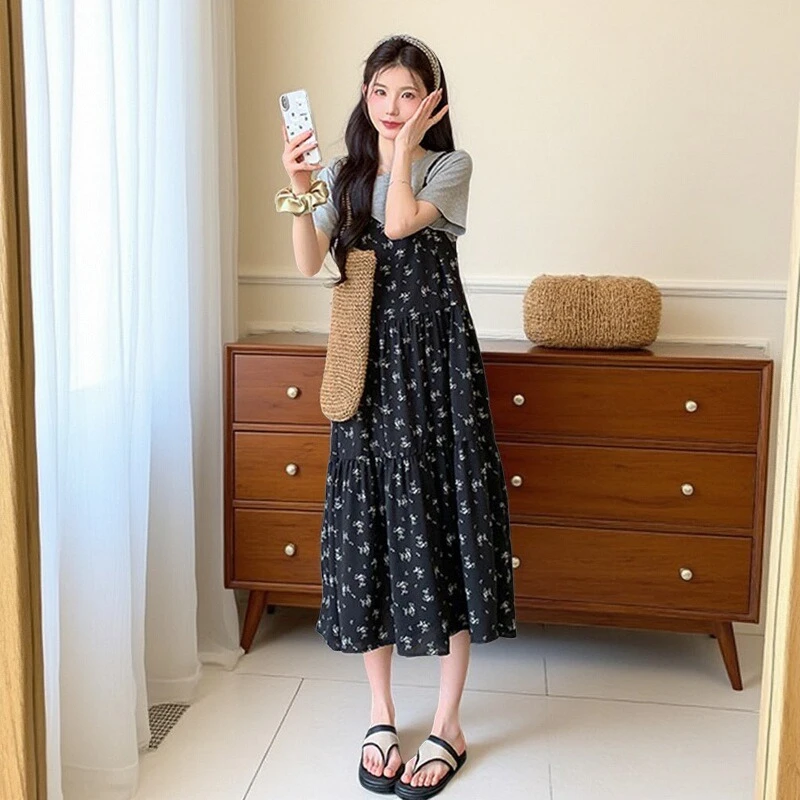 孕妇装夏季新款撞色假两件连衣裙小个子时尚短袖拼接碎花孕妇长裙