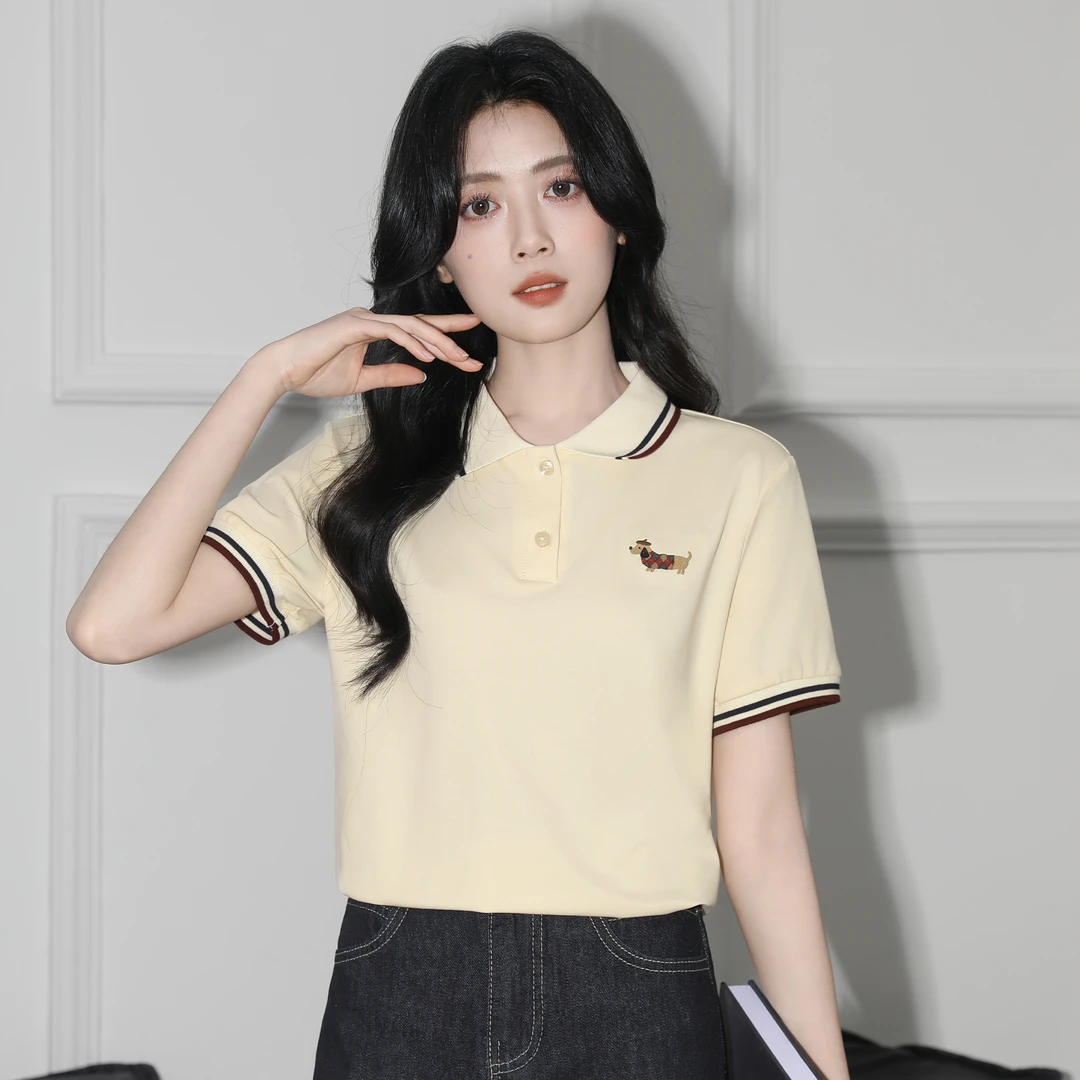 杏色翻领短袖T恤女夏2025夏季新款设计感刺绣POLO衫体恤正肩上衣
