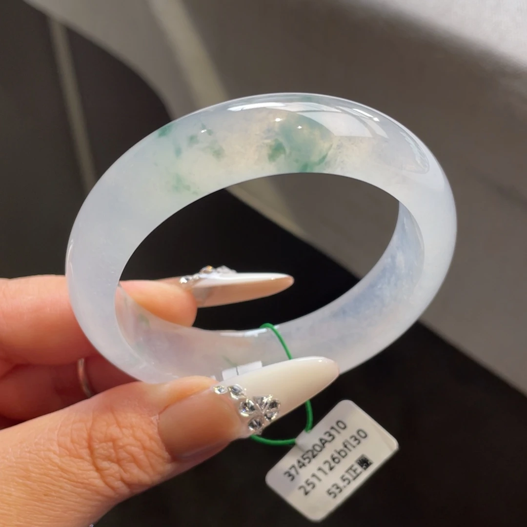 翡翠未镶嵌手镯【上新强推】白冰飘花起光宽版手镯