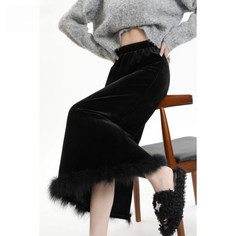 双11金丝绒毛毛边半身长裙秋冬款加厚新款高腰显瘦开叉气质包臀裙