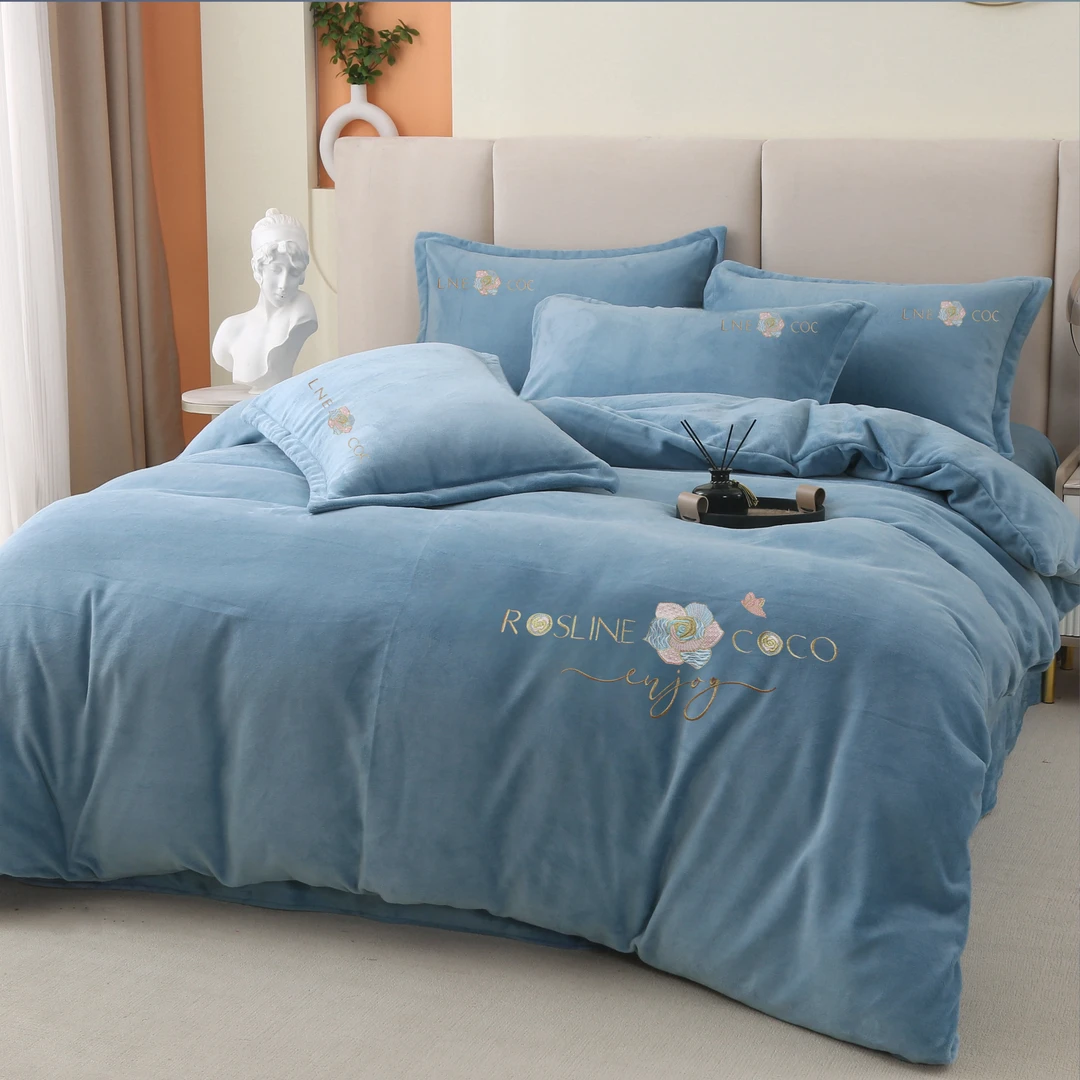 宾利蓝牛奶绒床裙四件套刺绣加厚绒防静电母婴级【升级款彩线刺绣】