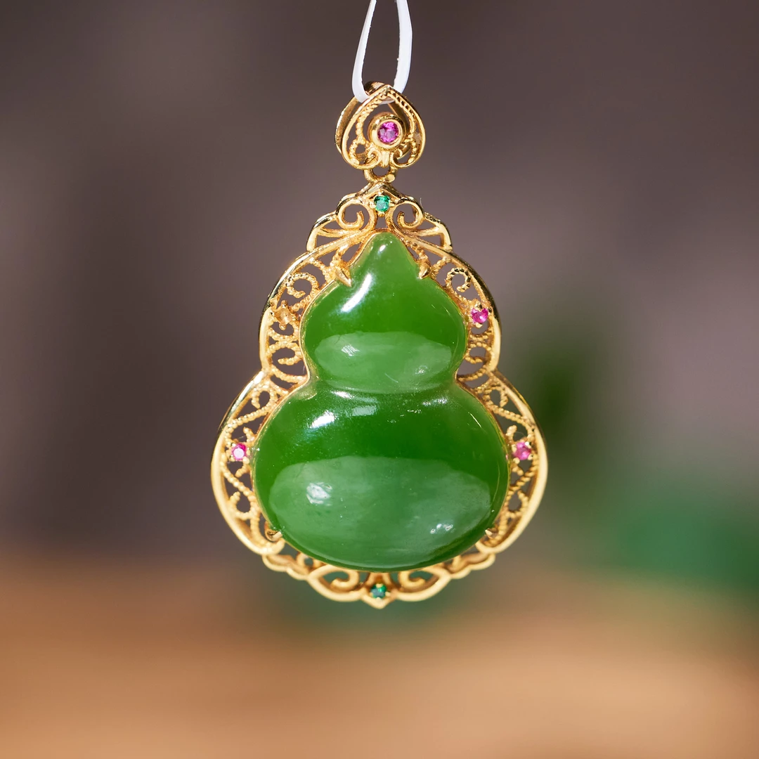 【歪歪】碧玉*和田玉吊坠*18K金镶嵌P0517