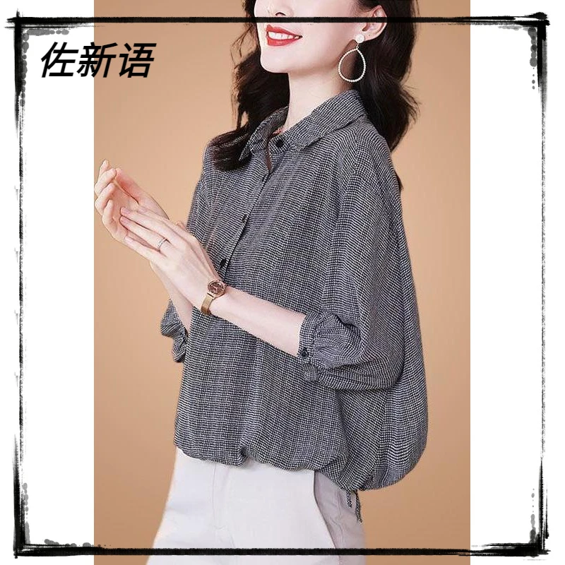 ll大码宽松千鸟格衬衫女2025春夏新款洋气气质百搭港味七分袖遮l