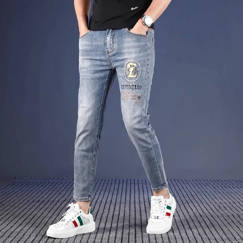 潮牌刺绣九分牛仔裤男款爆款2025新款夏季薄款修身小脚弹力裤子男