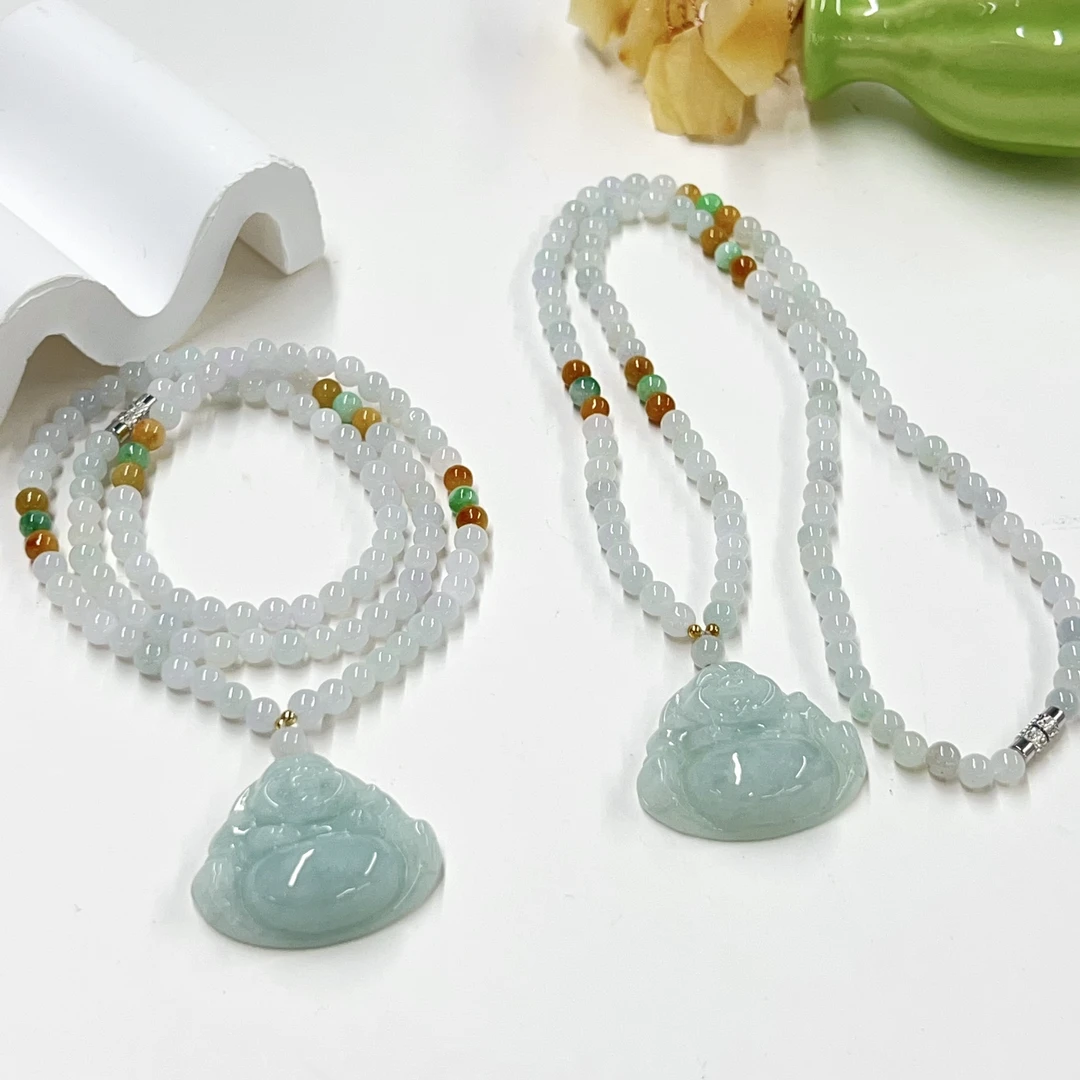 【 小宝珠宝】19 T77087-翡翠套链-多样性发其一-佛：32X28X10mm