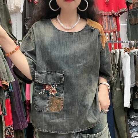 刺绣用****0招财猫牛仔上衣均码