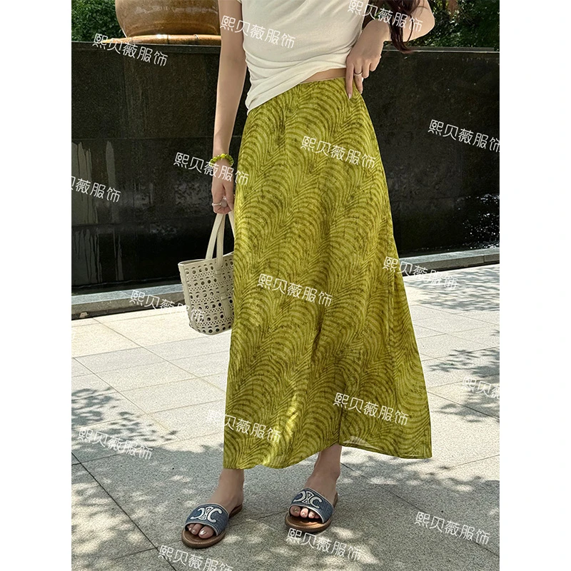 熙贝薇2 【绿野仙踪】长款森系绿色条纹显瘦A字百搭半身裙 G5069